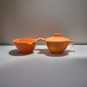 Mid Century Modern Salmon Melmac Chicago USA Creamer with Lidded‎ Sugar Bowl